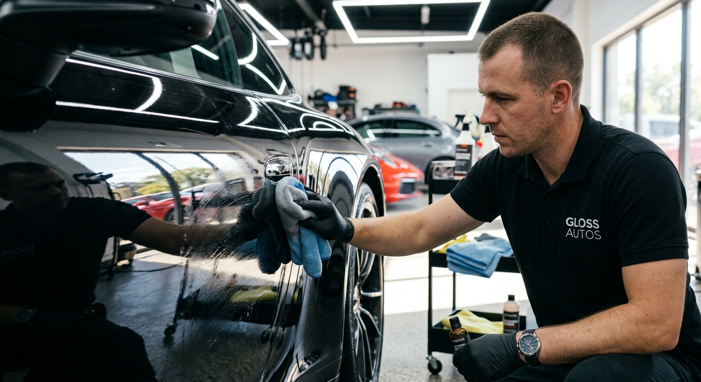 Professional detailer applying hybrid ceramic wax sealant in Clarksville